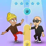 To an animasjonsfigurer danser foran en fargerik bakgrunn med stjerner over dem