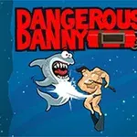 En muskuløs mann kjemper mot en aggressiv hai under vann med teksten Dangerous Danny øverst i bildet