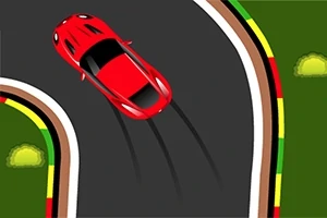 Rød sportsbil som drifter rundt en sving på en racerbane med fargerike kantlinjer
