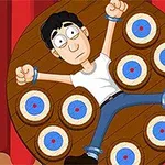 Dart Wheel En tegnet mann bundet til et roterende hjul med blinker rundt seg