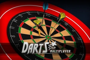 Dartskive med tre piler festet, med teksten Darts Pro Multiplayer nederst