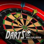Dartskive med tre piler festet, med teksten Darts Pro Multiplayer nederst