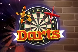 En dartskive med en pilformet dart og teksten Darts foran en murvegg bakgrunn