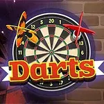 En dartskive med en pilformet dart og teksten Darts foran en murvegg bakgrunn