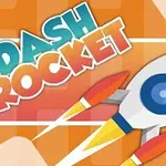 En tegnet rakett mot en oransje bakgrunn med stor, fargerik tekst som sier Dash Rocket