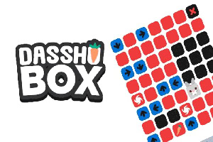 Logoen for Dasshu Box ved siden av et rutenett med fargerike piler og en tegneseriefigur