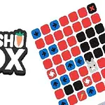 Logoen for Dasshu Box ved siden av et rutenett med fargerike piler og en tegneseriefigur