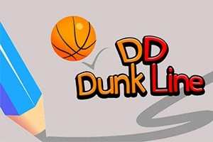 En blå blyant, en oransje basketball, og teksten DD Dunk Line på lys bakgrunn