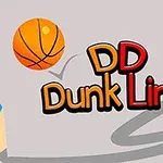 En blå blyant, en oransje basketball, og teksten DD Dunk Line på lys bakgrunn