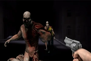 En person med en pistol sikter mot to skumle, zombie-lignende figurer i en mørk gate