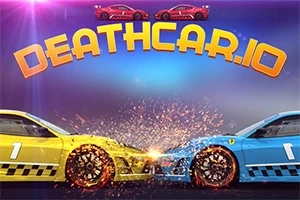 To biler kolliderer front mot front, omgitt av gnister, med teksten DEATHCAR