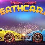 To biler kolliderer front mot front, omgitt av gnister, med teksten DEATHCAR