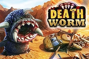 En stor, monsteraktig orm med skarpe tenner i en ørkenlandskap ved siden av et vraket kjøretøy, med fjell i bakgrunnen og teksten Death Worm i øvre høyre hjørne