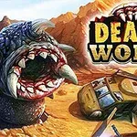 En stor, monsteraktig orm med skarpe tenner i en ørkenlandskap ved siden av et vraket kjøretøy, med fjell i bakgrunnen og teksten Death Worm i øvre høyre hjørne