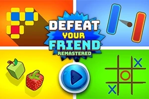 Fargerik illustrasjon med ulike minispill-ikoner og teksten Defeat Your Friend Remastered