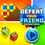 Fargerik illustrasjon med ulike minispill-ikoner og teksten Defeat Your Friend Remastered
