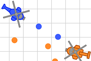 Blått og oransje helikopter med sirkulære kuler på et rutemønster