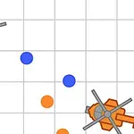 Blått og oransje helikopter med sirkulære kuler på et rutemønster
