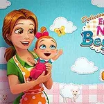 En kvinne i forkle holder en begeistret baby mot en bakgrunn av skyer og sauer, med fargerik tekst over