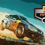 En bil med sponsorlogoer i fart på sandete underlag ved siden av en Desert Racing logo