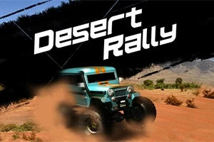 En blå jeep med store dekk kjører gjennom en støvete ørkensti med fjell i bakgrunnen, og teksten Desert Rally er synlig i bildet