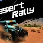En blå jeep med store dekk kjører gjennom en støvete ørkensti med fjell i bakgrunnen, og teksten Desert Rally er synlig i bildet
