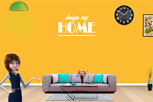 En stilfull stue med en moderne sofa i grått, fargerike puter, et salongbord, veggklokke, og en stilfull kvinnefigur foran en gul bakgrunn med teksten design my HOME