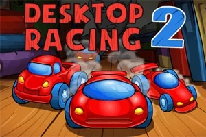 Tre røde lekebiler på et bord med teksten Desktop Racing 2 i bakgrunnen
