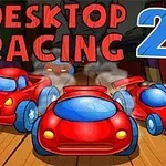 Tre røde lekebiler på et bord med teksten Desktop Racing 2 i bakgrunnen