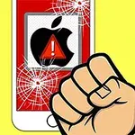 En knyttneve treffer en knust mobiltelefon med et varsel-ikon på skjermen mot en gul bakgrunn