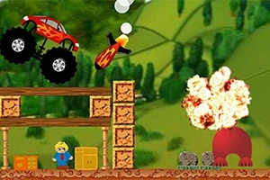 Et monstertruck med flammedesign hopper over en struktur av treblokker, mens en rød rakett treffer et stort rødt vesen og eksploderer