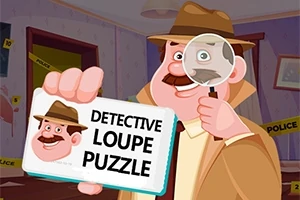En tegneserieaktig detektiv med hatt holder et forstørrelsesglass og et skilt med teksten Detective Loupe Puzzle i et rom avsperret med politibånd