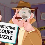 En tegneserieaktig detektiv med hatt holder et forstørrelsesglass og et skilt med teksten Detective Loupe Puzzle i et rom avsperret med politibånd