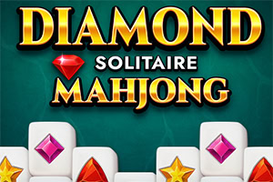 Tittelteksten Diamond Solitaire Mahjong i gylne bokstaver med fargerike juvelsymboler på hvite brikker