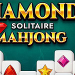 Tittelteksten Diamond Solitaire Mahjong i gylne bokstaver med fargerike juvelsymboler på hvite brikker