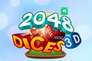 Teksten 2048 Dices 3D står på en bakgrunn med røde terninger med tall, omgitt av en lys blå himmel