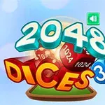 Teksten 2048 Dices 3D står på en bakgrunn med røde terninger med tall, omgitt av en lys blå himmel