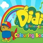 Fargerik illustrasjon med en animert fugl som holder en rød fargestift, en regnbue, en sommerfugl og teksten Colouring Book