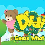 Tegneseriefigurer, inkludert en bamse og en fugl med rød lue, med teksten Didi & Friends Guess What?