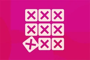 Ni hvite ruter med rosa kryss i et rutenett, pluss en ekstra rute nederst til venstre på en rosa bakgrunn