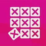 Ni hvite ruter med rosa kryss i et rutenett, pluss en ekstra rute nederst til venstre på en rosa bakgrunn