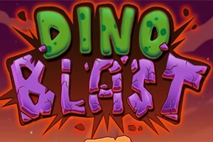 Fargerik og stilisert tittel med store bokstaver som sier Dino Blast på en dramatisk bakgrunn