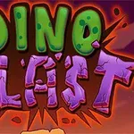 Fargerik og stilisert tittel med store bokstaver som sier Dino Blast på en dramatisk bakgrunn