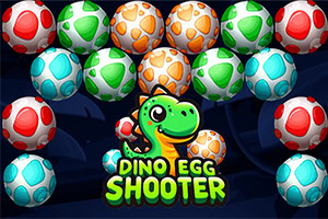 Fargerike dinosaur-egg i rødt, oransje, grønt og blått, med teksten Dino Egg Shooter og en tegnet grønn dinosaur i sentrum