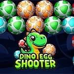 Fargerike dinosaur-egg i rødt, oransje, grønt og blått, med teksten Dino Egg Shooter og en tegnet grønn dinosaur i sentrum