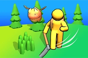 En gul, menneskelignende figur med et verktøy går i et fargerikt landskap med stiliserte trær og en oransje flygende skapning i bakgrunnen