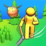 En gul, menneskelignende figur med et verktøy går i et fargerikt landskap med stiliserte trær og en oransje flygende skapning i bakgrunnen