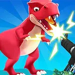 Rød dinosaur spruter gnister mot et stort våpen med en lys blå bakgrunn