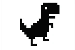 En pikselert tegning av en dinosaur i sort-hvitt med enkel grafikkstil