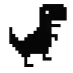 En pikselert tegning av en dinosaur i sort-hvitt med enkel grafikkstil